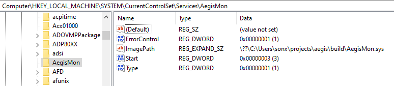 The driver’s service key in the registry
