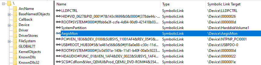 WinObj showing the device object and its symbolic link