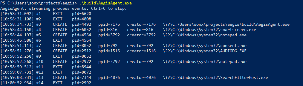 AegisAgent streaming process create and exit events