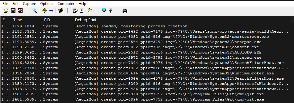 DebugView showing live process-create messages from the driver