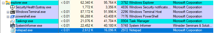 notepad.exe shown as a child of explorer.exe in Process Explorer