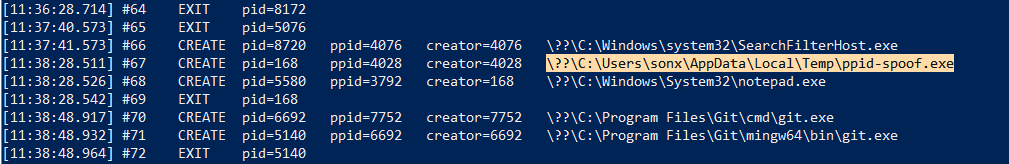 The spoofing tool creating notepad.exe with a forged explorer.exe parent