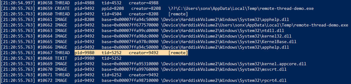 AegisAgent capturing a remote thread injection event